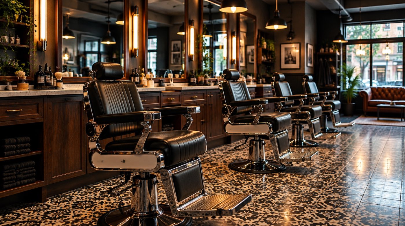 A row of barber chairs and mirrors in a modern barbershop