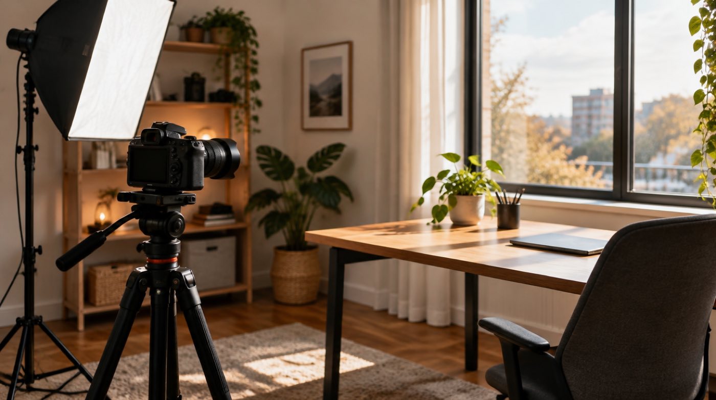 A creator's home studio corner with a camera on a tripod and a softbox light