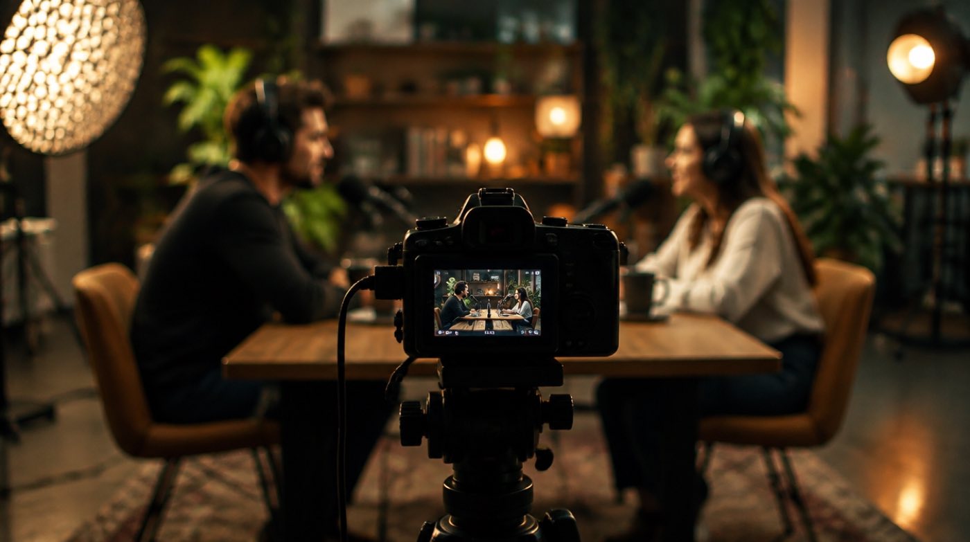 A camera on a tripod framing two podcast hosts in a studio