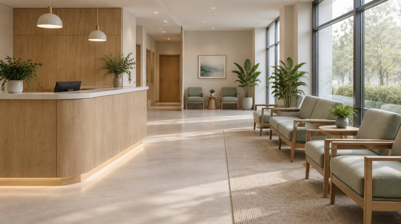 A calm, modern clinic reception and waiting area