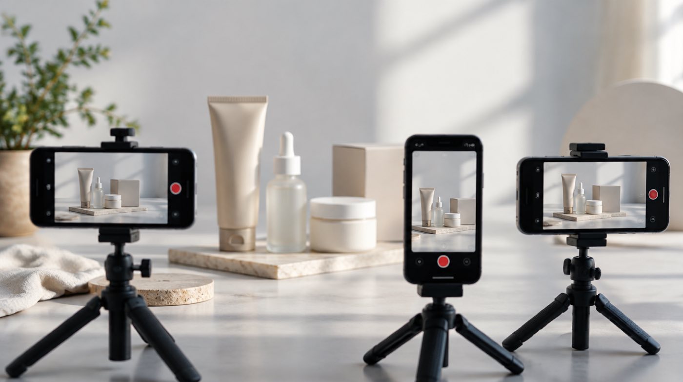 Smartphones on tripods arranged to film short product videos